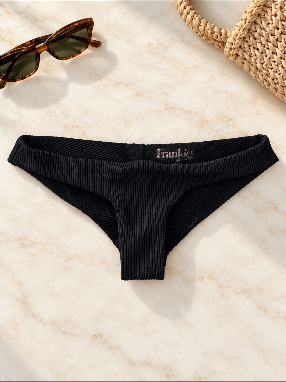 New! Frankies Bikinis Black Ribbed Low Rise Bikini Bottoms Small 34789
